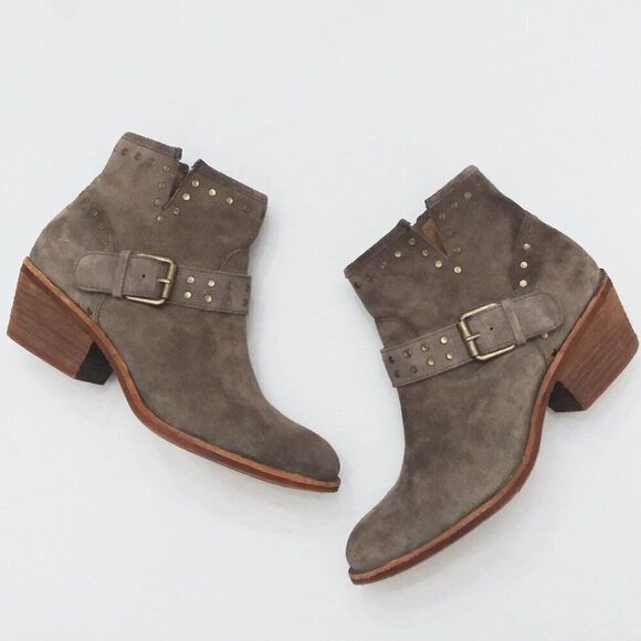 Söfft ALLENE Suede Moto Bootie Studs Buckles Side Zip Western Cowboy Boots Taupe - Picture 4 of 16
